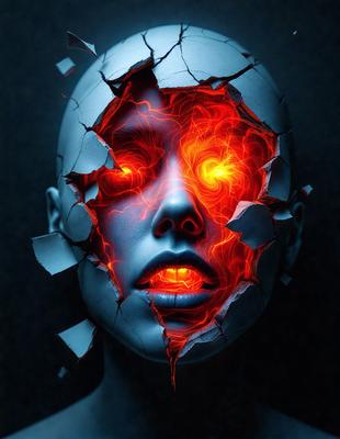 The primary subject of the image is a close-up of a face with a red glow, possibly a demon or a character from a horror movie. The face is surrounded by a black background, which emphasizes the red glow. The visual style appears to be a digital art or illustration, as the colors and details are vivid and well-defined. The overall atmosphere of the image is intense and dramatic, with the red glow creating a sense of danger or evil.